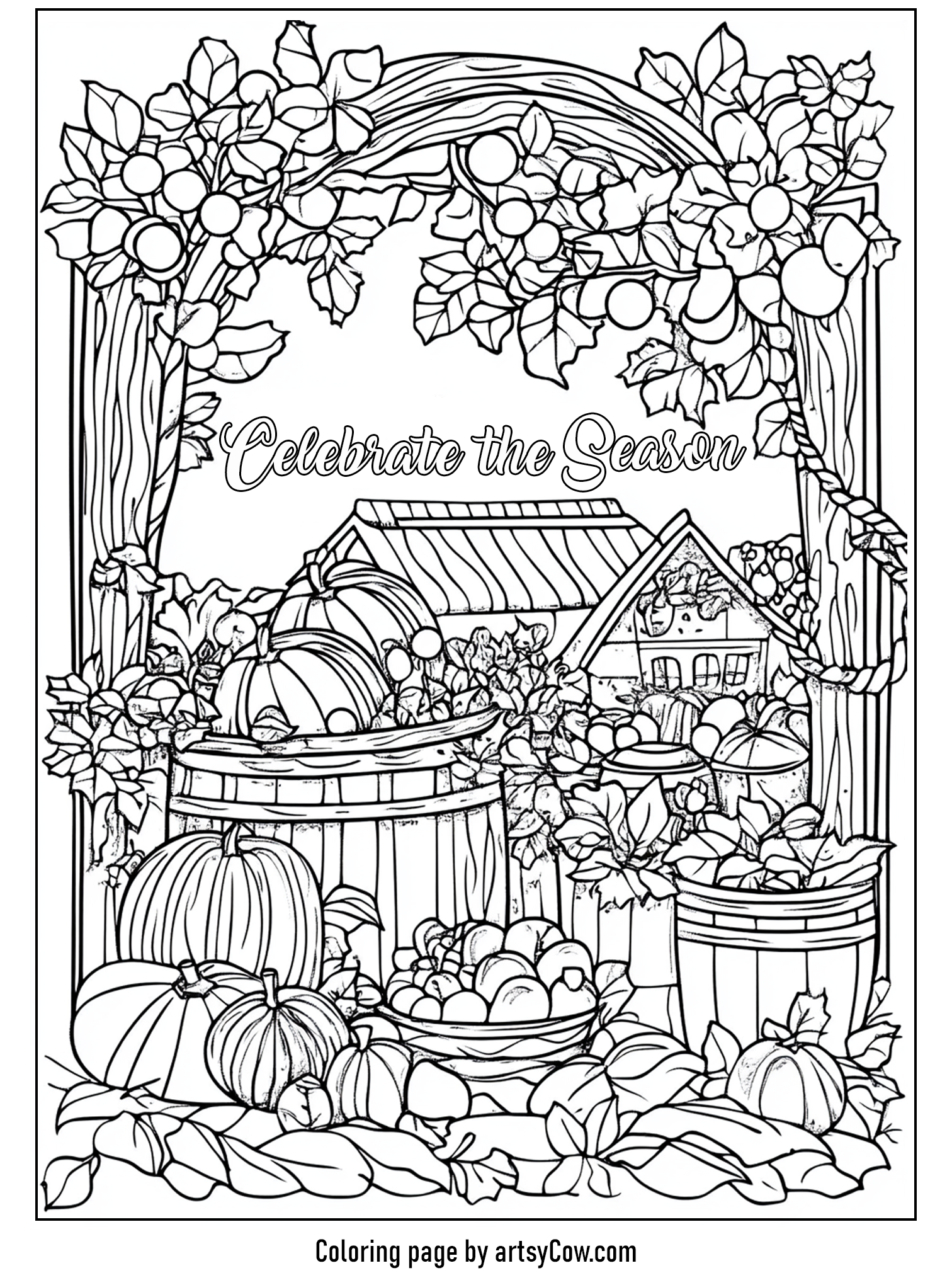 Thanksgiving coloring pages for adults featuring a farmhouse with a bountiful harvest of pumpkins, apples, and leaves, surrounded by an archway of foliage.